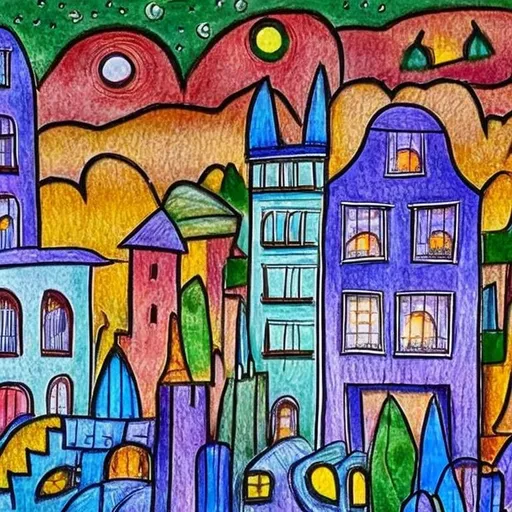 Prompt: Fairy tale German city at night, cityscape close-up, low angle, naive art style, attractive houses in the foreground, inspired by the architecture of old cities in Germany, night starry sky in the background, light in the windows of houses, Soft mysterious 3D lighting, style , inspired by modern European primitivist artists, trendy colors, high detail, colored pencil drawing, oil painting, strong strokes, dripping paint,