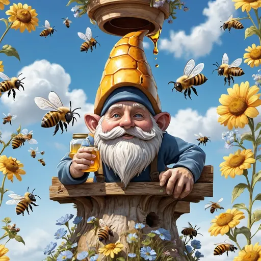 Prompt: 3D,  gnome , hive, honey bees, honey 
, flowers ,, blue sky clouds  4k |  , Watercolor, trending on artstation, sharp focus, studio photo, intricate details, highly detailed, by greg rutkowski