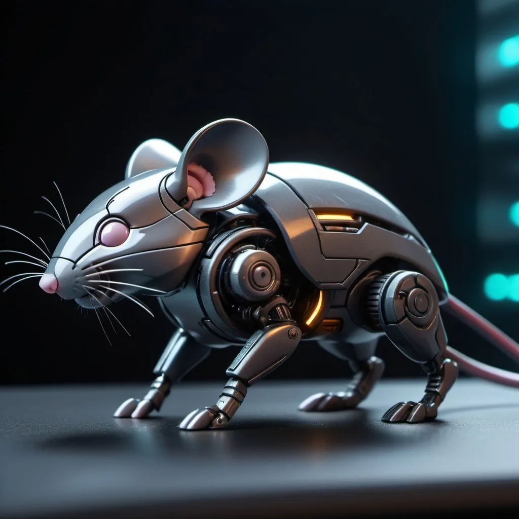 Prompt: Tiny mouse mech, metallic and sleek design, futuristic sci-fi style, intense grey and black color scheme, sparkling neon lights, miniature scale, highres, ultra-detailed, sci-fi, futuristic, metallic sheen, intense color scheme, miniature scale, neon lights, detailed design, professional, atmospheric lighting