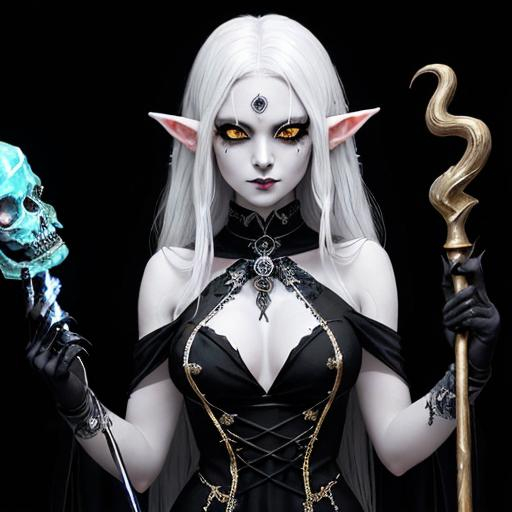 Prompt: {{black sclera}}, {{Silver eyes}}, A smug young elf woman in a {Black and Gold saintess dress}, {{Pure white Hair}}, {{holding a necromantic staff with a crystal skull with burning eyes}}, on an empty background, intricate detail, high quality, 