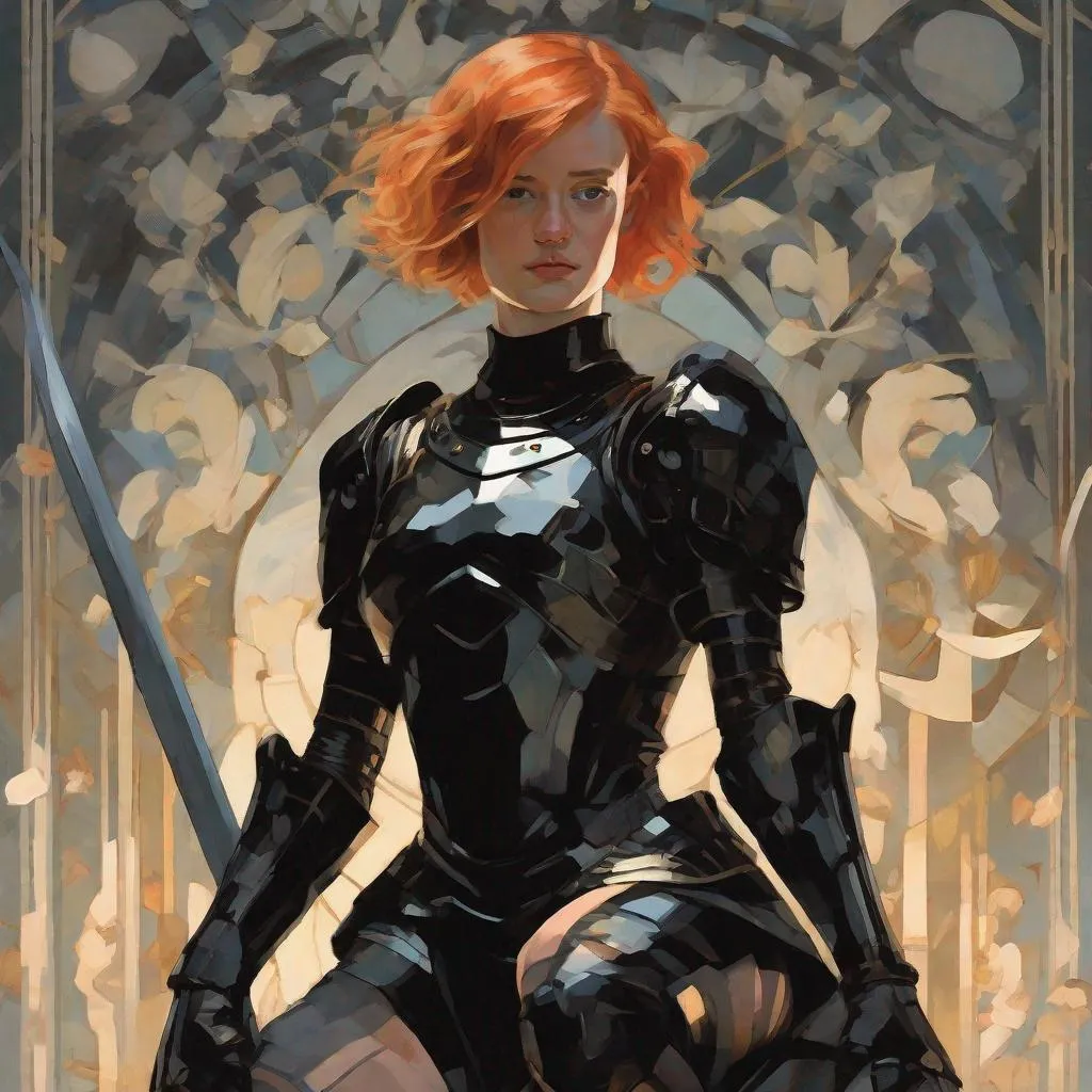 Prompt: redhead mackenzie davis actress wearing black armour with bare legs, mucha, hard shadows and strong rim light, art by jc leyendecker and atey ghailan and sachin teng