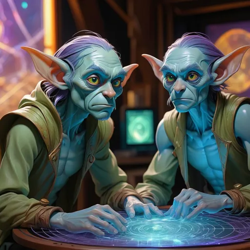 Prompt: glossy blue-skinned (long elven ears:1.0) grizzled goblin scientists, varied expressions; standing around a round table, looking at a massive 3D transparent holographic projection of a (holographic glowing wireframe goblin character:1.3), transparent, translucent, glowing, holographic, ghost, pellucid floating above a stage, transparent light blue color, Holographic Art; Amazing_unique_creation. Textures. Complementary colors. Creative. Ultra quality. 8k resolution; 8k resolution holographic astral cosmic illustration mixed media; Pablo Amaringo; inside meteorological station, natural light, windows, HUD screens, weather maps; purple_amber_green waxy, detailed, futuristic, photorealistic, maximalist; Makoto Shinkai, J.C. Leyendecker, ilya Kuvshinov, Royo, Karol Bak, Alphonse Mucha, Jordan Grimmer, Greg Rutkowski