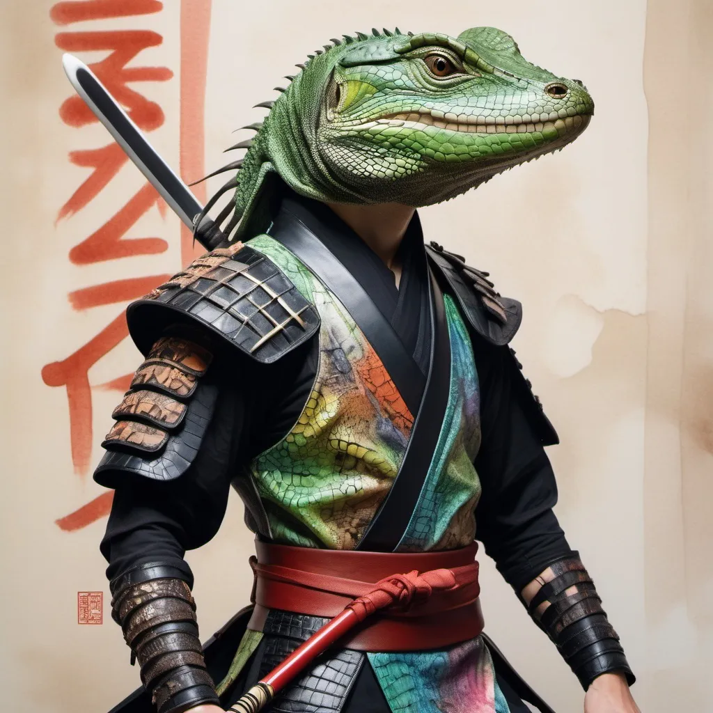 Prompt: Create a stunning fashion portrait: A stylish LIZARD/SAMURAI model in a flowy (random color:0.7)/(random color:1.4), (alligator leather armor),  wielding katana in each hand, adorned with clear printed glyphs emblazoned  hieroglyphs hieroglyphic symbols. Fashion show (BACKGROUND), (ENERGY:1.3),molecular. Watercolor, studio photo, by Greg Rutkowski.