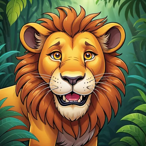 Prompt: Cartoon drawing of a lion, vibrant colors, playful and friendly expression, jungle setting, detailed fur with lively texture, high quality, cartoon style, vibrant tones, jungle lighting