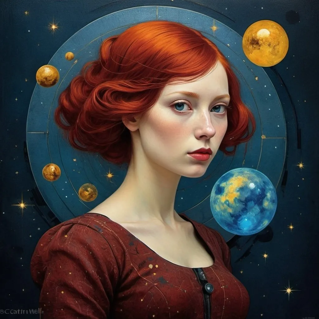 Prompt: surrealism, Van Gogh's oil painting style, Cyberpunk, beautiful lady-mirror, burgundy hair, planets, space, stars, flash of energy, luminous creatures, CARNE GRIFFIT​HS, Catrin Welz-Stein, orange, dark blue, yellow , red, black