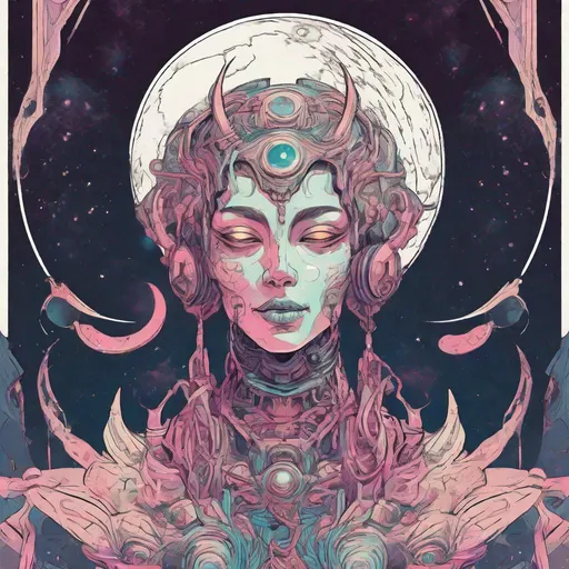 Prompt: moon deity in a female humanoid form. 
Science Fiction, Retrofuturism, Gore, Cosmic Horror, Fine inking, Clean linework, comic illustration, flat shading, Colour transitions, Maximalism, Beautifully illustrated forms, beautiful background scenery, Warm and cold colour mix, Triadic colour palette, Dark vibrancy, soft lighting, Complexity, Storytelling, Dynamic Poses, High quality, Sharp focus, Tight colour range, Full scene, Filmic, 