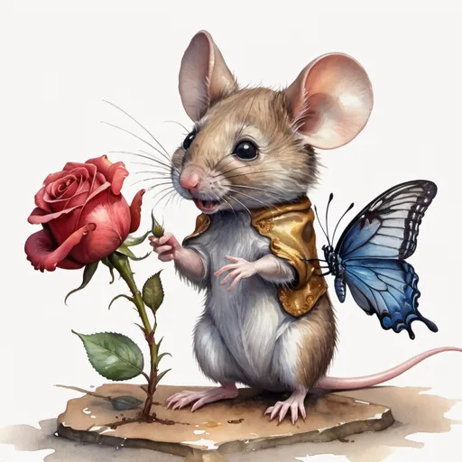 Prompt: A cute mouse holding a rose and a butterfly playing with him, Watercolor, trending on artstation, sharp focus, studio photo, intricate details, highly detailed, by greg rutkowski