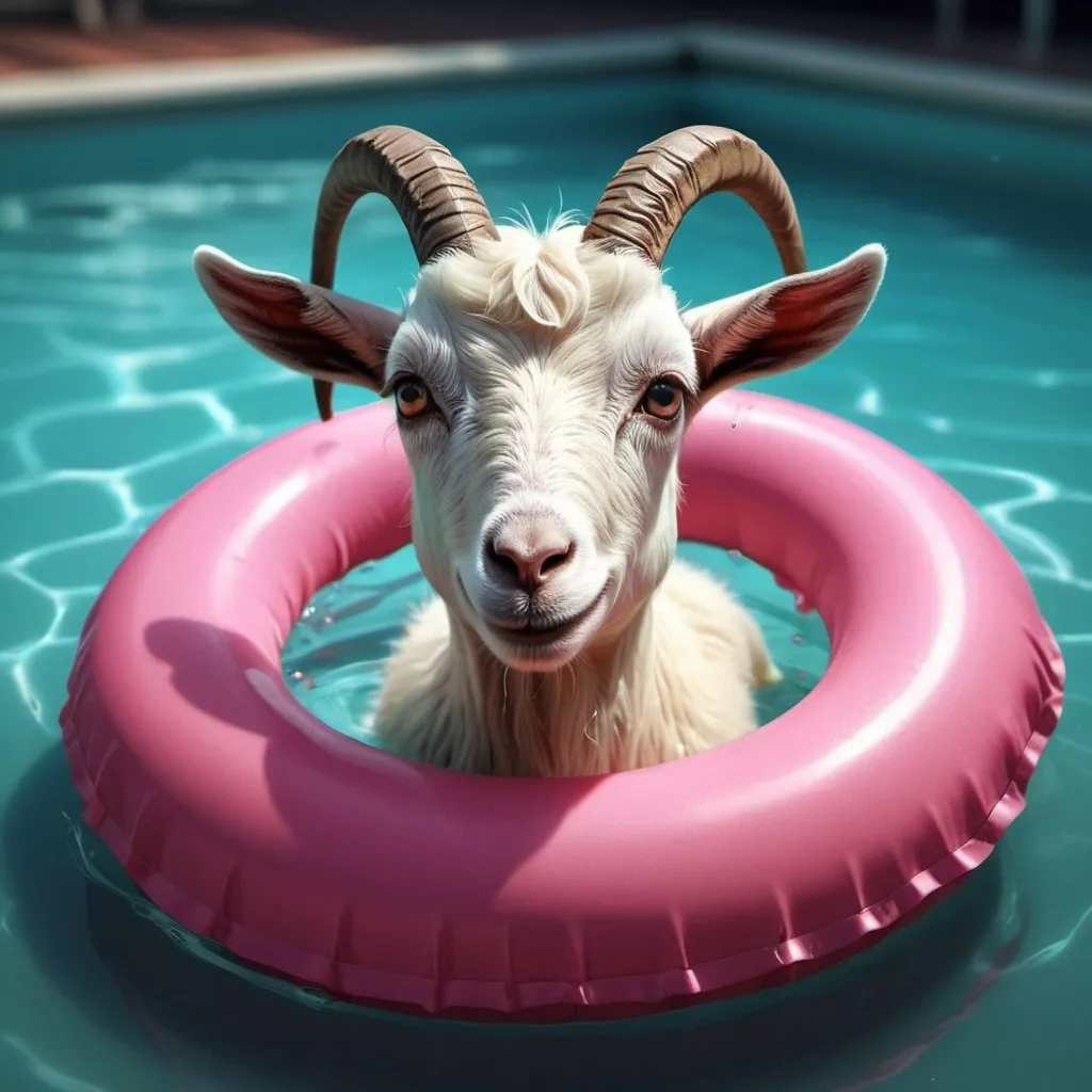 Prompt: stunning image of a cute adorable goat in a pool in a swim ring, moody, grainy, noisy concept art, by Alberto Seveso, Cyril Rolando, Dan Mumford, Meaningful Visual Art, Detailed Painting, Digital Illustration, Unreal Engine 5, 32k maximalist, hyperdetailed fantasy art, 3d digital art, sharp focus, masterpiece, fine art