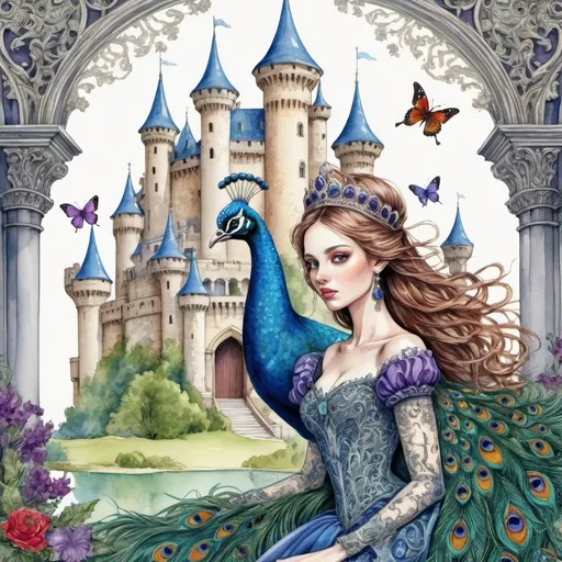 Prompt: An illustration in the style of Yerko. English watercolor, ink drawing. A beautiful princess escapes from the castle. Wind. Peacock bird, butterflies. Gothic, Baroque. Colors, blue, green, yellow, purple, red. Maximum detail. Hyperrealism, symbolism. Bestial Scythian style. Filigree details. Fractals. Zentangle. Ornaments and bas-reliefs. Colorful, dark botanical. Microdetailing The highest level of rendering quality. Photorealism