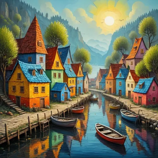 Prompt: Fishing Village, oil painting, colorful, bright, painted impasto with thick palette knife. High contrast highly detailed fantasy 8k oil on canvas beautiful 4K 3D high definition crisp quality colourful hdr Jacek Yerka light reflections Gediminas Pranckevicius Impressionist