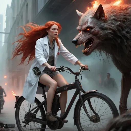 Prompt: A good-humored female hunting a  werewolf with long red hair dressed in a lab coat rides a bicycle., sharp focus, emitting diodes, smoke, artillery, sparks, racks, system unit, motherboard, by pascal blanche rutkowski repin artstation hyperrealism painting concept art of detailed character design matte painting, 4 k resolution blade runner