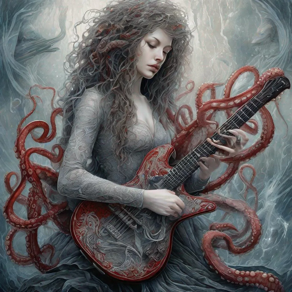 Prompt: art by cameron gray
 karol bak, Seb McKinnon,   
ultra highly detailed, detailed 
digital painting, highly detailed, intricated, intricated pose, clarity, high quality

"The octopus explain tentacles, playing guitar, grey/red, deep sea, weeping willow on the bank, intricately detailed, hyperdetailed, surreal, flowing acrylic  :: fantastical watercolour calligraphy by WLOP"
, ultra hd, realistic, vivid colors, highly detailed, UHD drawing, pen and ink, perfect composition, beautiful detailed intricate insanely detailed octane render trending on artstation, 8k artistic photography, photorealistic concept art, soft natural volumetric cinematic perfect light