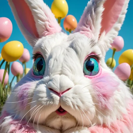 Prompt:   Easter Bunny close-up, exaggerated fish-eye lens distortion, comically large eyes, fluffy pastel fur, vibrant spring colors, oversized bunny ears, whimsical expression, quirky and playful, detailed fur texture, surreal and humorous, exaggerated features, curious and inquisitive gaze, high-quality digital illustration, bright and colorful palette, soft and diffused lighting, whimsical and absurd concept.
