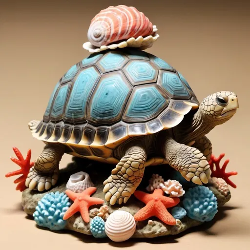 Prompt: tortoise cartoons figurine with shell and coral reef