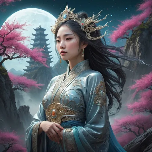 Prompt: Traditional Chinese Beautiful Princess Goddess  shown on background on forest moon, Beautiful Blooms, Gorgeous Gifts, Magical Blooms and Magical Colorful liquid chrome, liquid silver, liquid gold wet on wet, ultra highly detailed, cinematic, Closed up Vibrant Luxurious Chinese mythical, detailed a random landscape sky, trees, swirling glitter, digital painting, ultra highly detailed, cinematic, Mountain forest, colorful, Broken Glass effect,  stunning, something that even doesn't exist, mythical being, energy, molecular, textures, iridescent and luminescent scales, breathtaking beauty, pure perfection, divine presence, unforgettable, impressive, stunning beauty, Volumetric light, auras, rays, vivid colors reflect, beautiful detailed intricate insanely detailed octane render trending on art station, 8k artistic photography, photorealistic concept art, soft natural volumetric cinematic perfect light, intricate artwork masterpiece, intricate details, highly detailed, by Greg Rutkowski, ominous, matte painting movie poster, golden ratio, trending on cg society, intricate, Watercolor, epic, trending on art station, by art Germ, h. r. Giger and Beksinski, highly detailed, vibrant, production cinematic character render, ultra high quality model, trending on art station, sharp focus, studio photo, intricate details, highly detailed, by Greg Rutkowski filigree, intricated, intricated pose, clarity, high quality, Watercolor, trending on art station, sharp focus, studio photo, intricate details, highly detailed, by Greg Rutkowski., outer space, vanishing point, super highway, high speed, digital render, digital painting, beeple, noah bradley, cyril roland, ross tran, trending on artstation