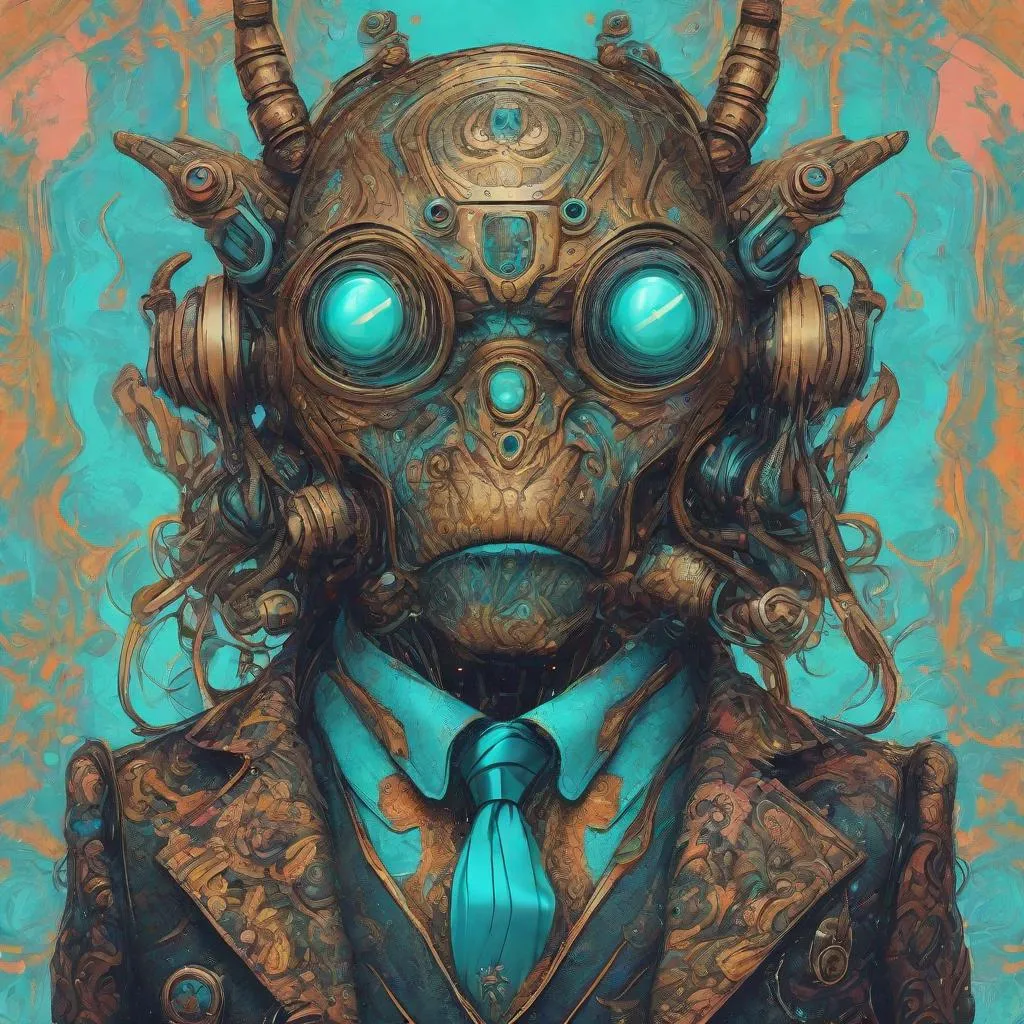 Prompt: a little monster in a suit, in the style of psychedelic artwork, imaginary creatures and robots, steelpunk, cyan and bronze, colorful fantasy realism, witchcore, baroque-punk