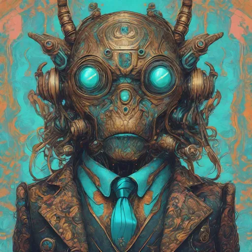 Prompt: a little monster in a suit, in the style of psychedelic artwork, imaginary creatures and robots, steelpunk, cyan and bronze, colorful fantasy realism, witchcore, baroque-punk