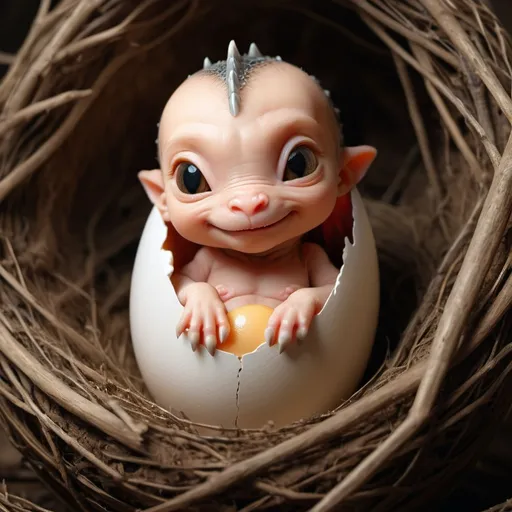 Prompt: new born, little dragon sleeping comfortable inside egg shell, warm, high quality, photo realistic, HD, 8k, homie,  cute,  morning,  nest, ranch, cute, fury, 