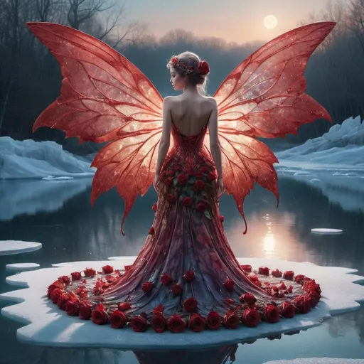 Prompt: A fairy with stunning wings  in an amazing dress out of red roses on a frozen lake, moonlight, iridescence, stunning light, watercolour, ink ,intricate details, perfect composition, beautiful detailed intricate insanely detailed octane render trending on artstation, 8 k artistic photography, photorealistic concept art, soft natural volumetric cinematic perfect light, masterpiece, oil on canvas