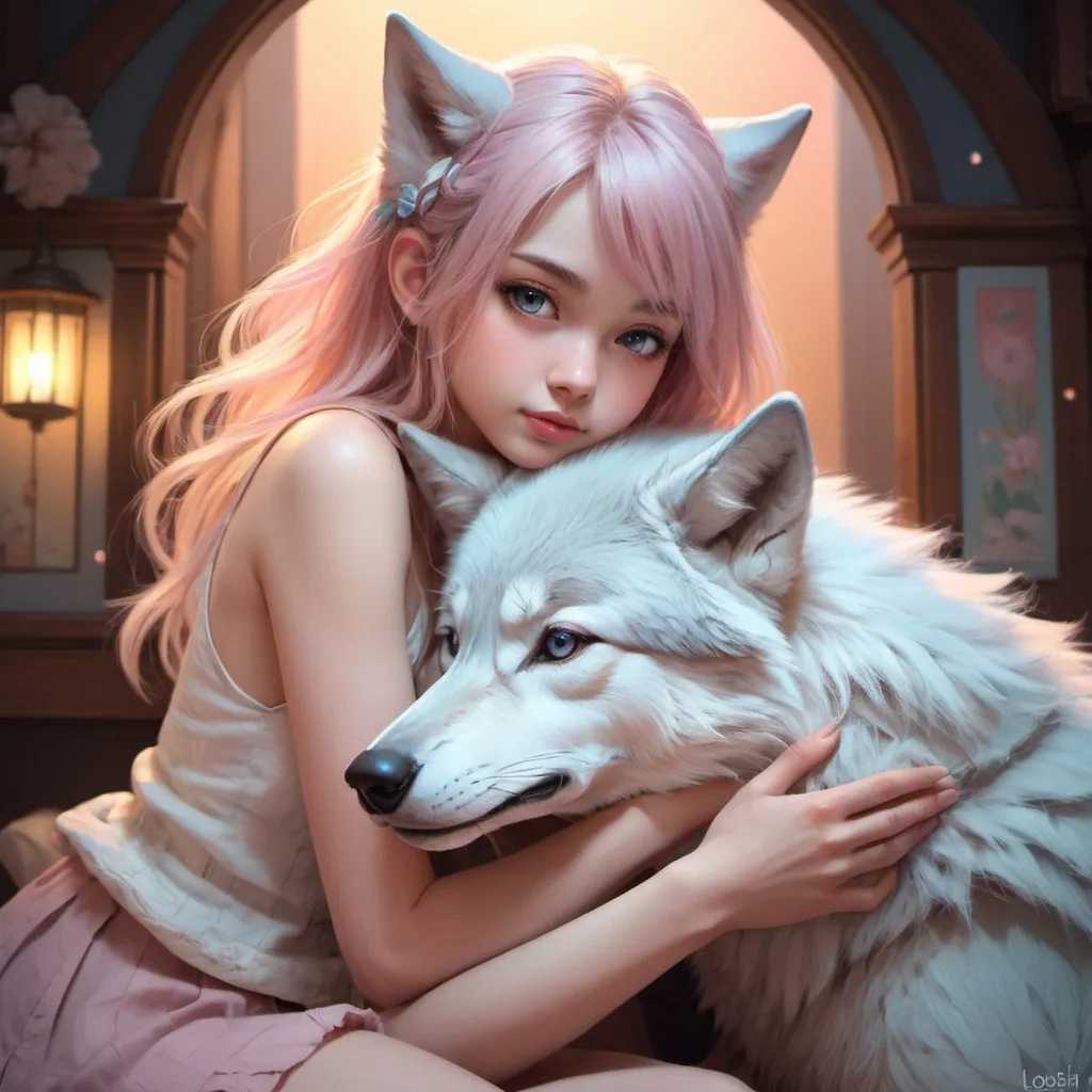 Prompt:  cute anime girl  with your wolf On your lap  , Soft Lighting, Intricate, Pastel colors, Digital painting, Artstation, Dreamlike, Whimsical, art by loish and sakimichan and mandy jurgens.
