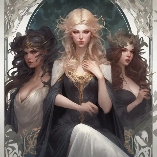 Prompt: playing card of the three fates, dark and ethereal, wild hairs, expressive poses, dark dress, fantasy, intricate, dark forest background, highly detailed, digital painting, artstation, concept art, smooth, sharp focus, illustration, art by artgerm and greg rutkowski and alphonse mucha