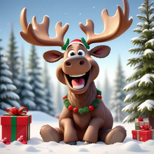 Prompt: Create a photo-realistic image of a cute Pixar-style, smiling moose with Christmas accessories, sitting in the snow. The background should feature a bright and sunny, snowy forest with fir trees adorned with Christmas garlands and decorations. This is for product photography, aiming for a whimsical and playful atmosphere within a sunny environment. It should be a medium shot with natural light, aiming for an ultra-realistic look.