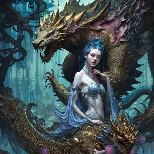 Prompt: the cheshire princess has found her smile and she has a dragon protector. Mythical creatures background forest. Android Jones, James Jean, takato yamamoto, Arthur Rackham. watercolor, volumetric lighting, maximalist, concept art, intricately detailed, elegant, expansive, 32k, fantastical, golden ratio principles, haunted, glass sculpture, honeycomb patterns, art by makoto shinkai, conrad roset. 3d, iridescent watercolors ink, polished finish, gradient chrome colors.