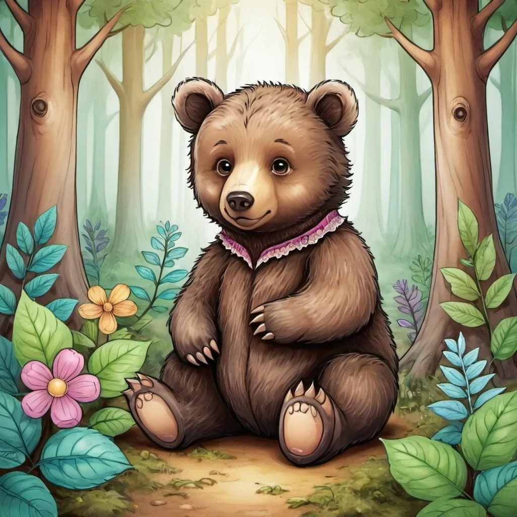 Prompt: baby bear, magic forest, coloring