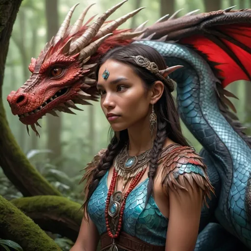 Prompt: an image of a fantasy scene with a human character and a dragon in a close, affectionate pose set in a dimly lit forest clearing. The human, a female with tan skin and indigenous tribal attire, displays richly detailed clothing with red and white patterns, adorned with feathers, beads, and fringe. Her long, dark brown hair is partially braided and decorated with small feathers and beads, with a single red feather standing out. The dragon, seated beside her, has an imposing stature with iridescent scales that shimmer in shades of blue, green, and brown, large expressive eyes, and prominent horns atop its head. They are engaged in a moment, with the human's face close to the dragon's snout, showcasing a bond of trust and companionship. The background is blurred with hints of greenery and speckles of light filtering through the canopy overhead.