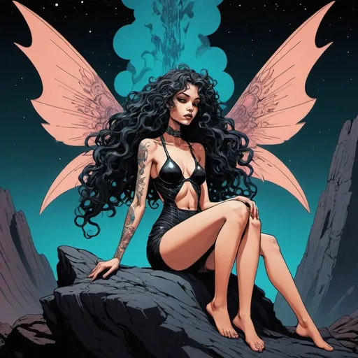 Prompt: {Cybernetic space fairy sitting on a rock in the foreground. Big wings, long curly hair, tattoos.} Eating a bone. Dramatic otherworldly background behind her. 
((Graphic novel style, inked outlines, and color illustration)).

({Triadic background colors.
Extended foreground colors.}
Unique color distortion and smooth blends.}
{Chiaroscuro.
Saturated, dark-centric color}).

{(Science-fiction.
Retrofuturism.
Cosmic horror.)
Body horror.}
Masterpiece quality.
Master draughtsmanship.

{Crisp, black linework.
Line weight variation.
Fine linework on detailing.}
Maximalism.


{Maximalism.
Surrealist sci-fi horror,
Vibrant, heavy metal aesthetic.}
Distinctive subject design.
Immaculate illustrated, and detailed forms.}

{Loose, unconventional framing.
Dynamic, unique poses.
Action.
Storytelling emphasis.
Clarity.}
Sharp focus.
Filmic aesthetics.
(Black top and bottom vignette.)
{Hierarchy.
Positive shapes, and negative space.
Pattern, rhythm, unity.}
Dark canvas.