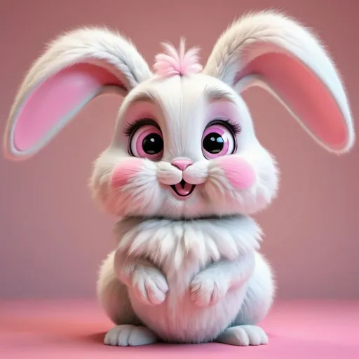 Prompt: 3D cartoon digital painting of a charming rabbit, fluffy fur with pastel pink and white tones, adorable expression with big bright eyes, whimsical fantasy setting with vibrant colors, high quality, 3D cartoon, digital painting, pastel tones, whimsical, charming, adorable expression, vibrant colors, fluffy fur, highres, write (rabit) next to picture