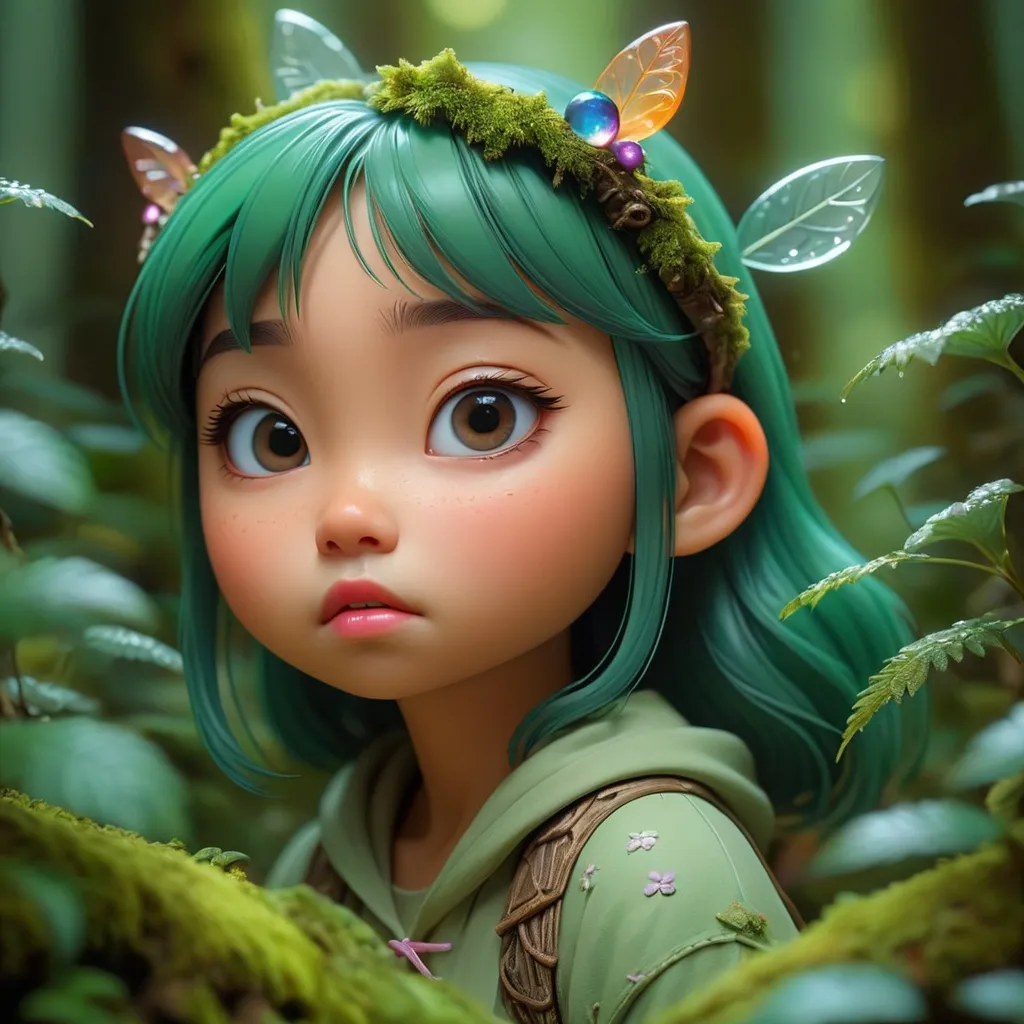 Prompt: tiny girl in dream amazing forest heaven like, cute, cartoony, Miki Asai Macro photography, close-up, hyper detailed, trending on artstation, sharp focus, studio photo, intricate details, highly detailed, by greg rutkowski