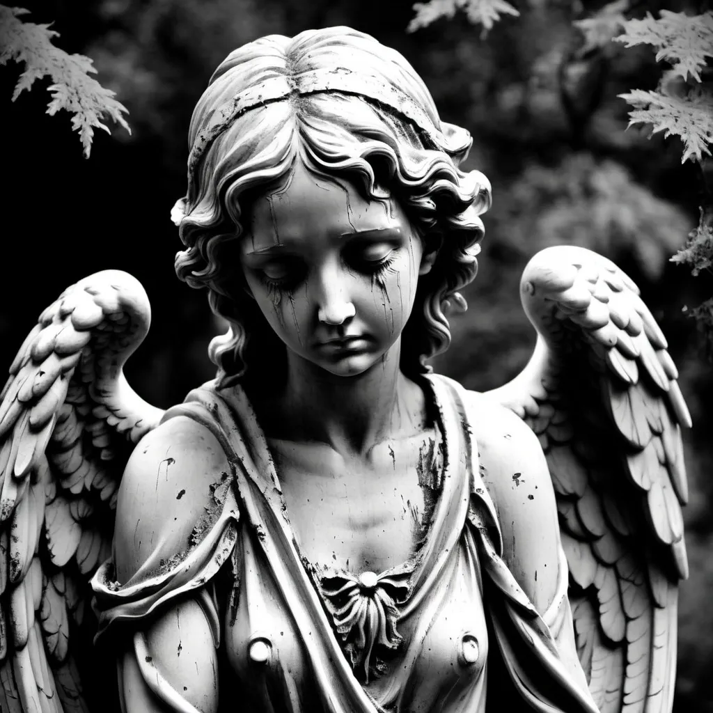 Statue of angel crying black and white decaying old