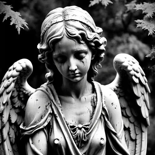 Prompt: Statue of angel crying black and white decaying old moss