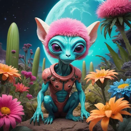 Prompt: Create a vivid and enchanting portrait  featuring a cute ((furry alien animal)) perched amidst a garden filled with exotic and vibrant alien flowers on a distant and otherworldly planet. Capture the unique beauty of the surroundings, highlighting the creature's adorable qualities as it interacts with the alien flora. Let the imagination run wild with colors, shapes, and textures that are beyond earthly norms, painting a picture of a charming extraterrestrial oasis.