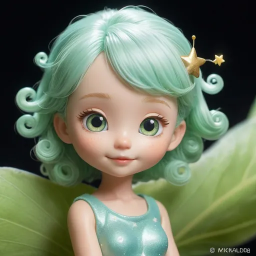 Prompt: KiKi is a small, light green caterpillar with a shimmering glow. Her soft hairs gently sway in the breeze. Her eyes, a bright shade of light blue, radiate curiosity. Tiny details on each body segment resemble scattered stars, creating a mysterious glow in sunlight. Despite her petite size, KiKi's appearance exudes elegance and warmth, showcasing her unique radiance.