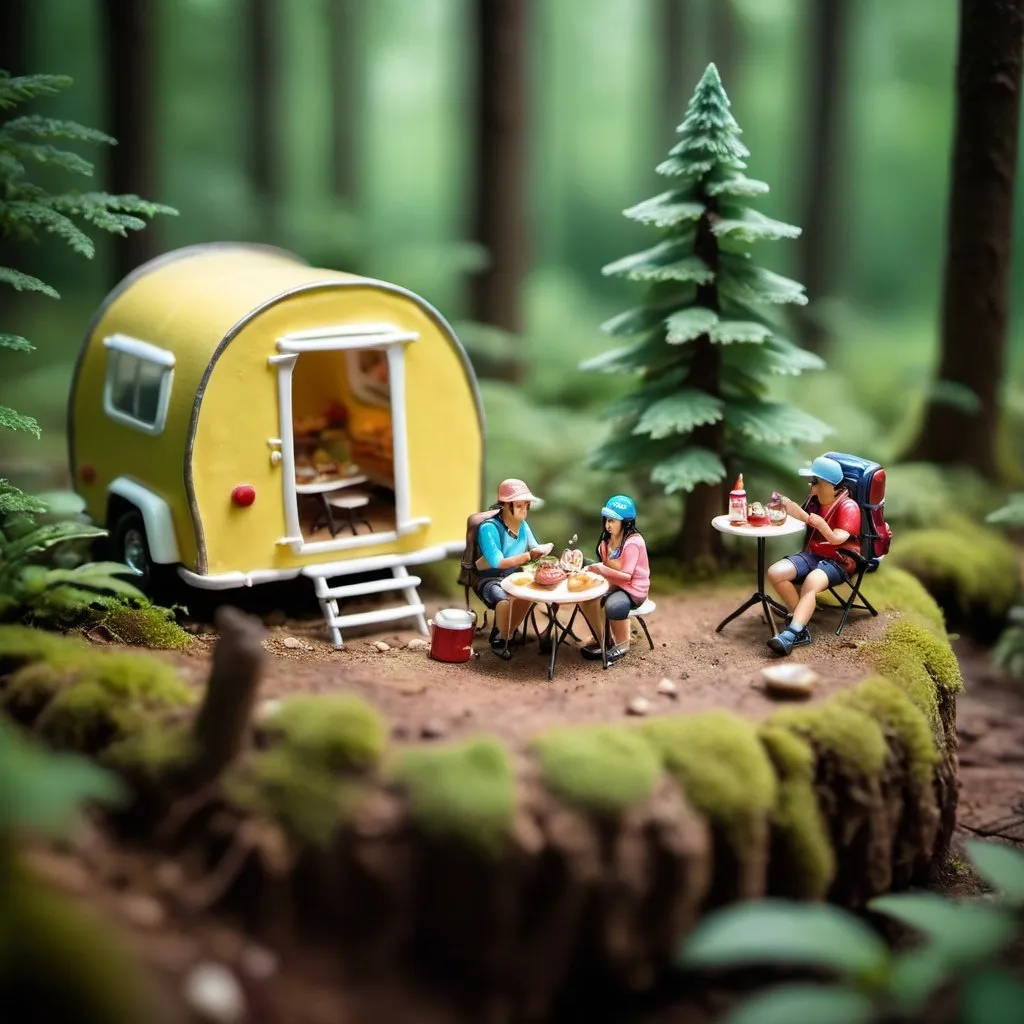 Prompt: yuan_mini_world,Miniature food photography, cake, dessert, miniature people, forest scene, camping trip, tilt shift,excellent lighting,super detail,depth of field,Fujifilm,