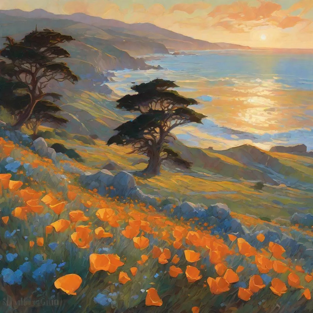 Prompt: Scenic Landscape, Rolling Coastal hills, California Poppies, Baby's-Blue-Eyes Flowers, windblown cypress tree, jagged coastline, small coastal village, crashing waves, ocean, sunset, puffy clouds, hyperdetailed, Erin Hanson, Donato Giancola, Nicolas de Stael, cinematic lighting, long shadows
