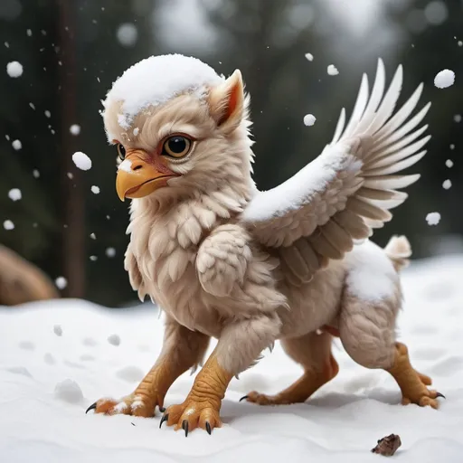 Prompt: 
baby griffin playing in snow, realistic
