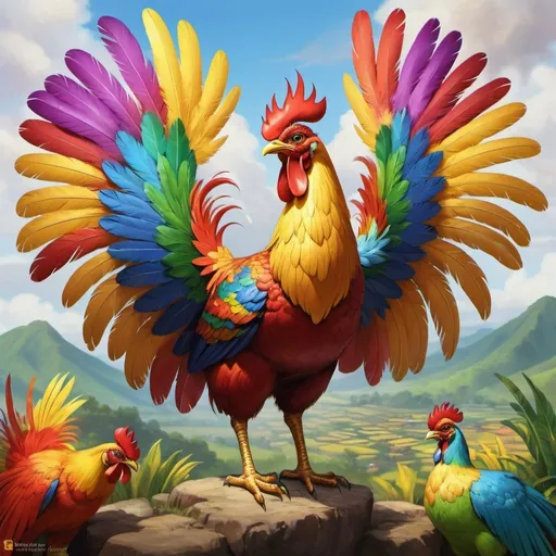 Prompt: Sarimanok, symbolizing good fortune and protection, radiates with vibrant feathers that span the spectrum of a rainbow, perched elegantly atop a traditional Filipino rural scene, its presence signifies blessings for those it encounters, digital painting, vivid colors, ultra realistic.