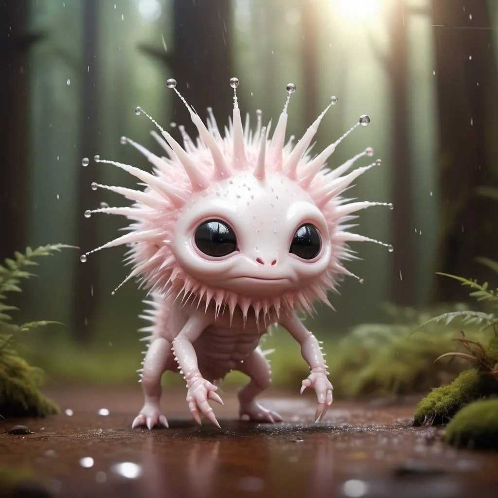 Prompt: highly detailed cute little photo fantasy realistic white coloured cute alien fluffy creature with spikes on its back, with 5 short legs. Wet forest, falling spark drops, high resolution The background is blurred light pink with beige, lens flare, not detailed.