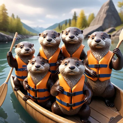 Prompt: (Best Quality, 8k, 32k, Masterpiece, UHD:1.3), group of cute otters wearing a life vest and taking selfie together, one otter is holding the phone and all otters are looking up, all sitting in a canoe, all looking at camera, river background, day, volumetric lighting, realistic