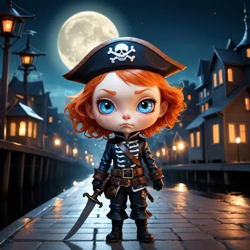 Prompt: Halloween City Night, portrait of Chibi hipster ginger girl, nighttime at the harbour, moon is shining, wearing latex bodyglove with turtleneck, empathic blue eyes, aggressive face, sword attacking street pirate, vector, cgi, anime, luminous color, Jasmine-Becket Griffith,
Jean Baptiste Monge,
Anton Semenov,
Darkest Dungeon,