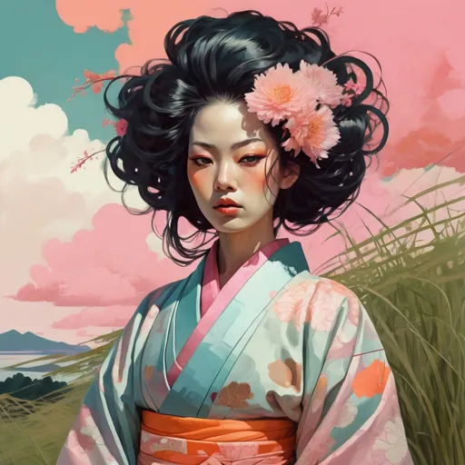 Prompt: portrait ninfa in japanese costume kimono, big hair, grass pastel colors, pink clouds, flowers orange :: by victo ngai, kilian eng, dynamic lighting, digital art, in the style of adrian ghenie, esao andrews, jenny saville, edward hopper, surrealism, dark art by james jean, takato yamamoto, inkpunk minimalism