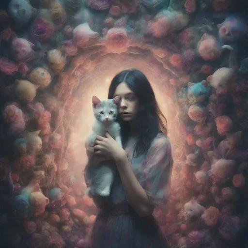 Prompt: By Alan Feltus, by Yvonne coomber and Tim Burton By Marco Mazzoni, By Paolo Roversi, a girl hugs a one kitten 


Mysterious background. supernatural, 

secret doorway pastel, 
double exposure, 

fantasy, 

mysterious, 

Shadow play. lush , 
reimagined by industrial magic, 

intricate artwork masterpiece, 

trending on artstation, 

behance hd Insane art by beeple & Craig Davison. **Ultra HD, 

an incredible fantasy in the development of an idea and composition, 

which turns out to be extremely surreal. the brightness is volumetric. The doppie of the exposition.

organic, 

in the style of Leonardo Senas, 

Philippe de Champaigne. Shallow depth of field. Wet reflective ground.Contax G2, hyper realistic, 
splashes on the edges of the image masterpiece, 

