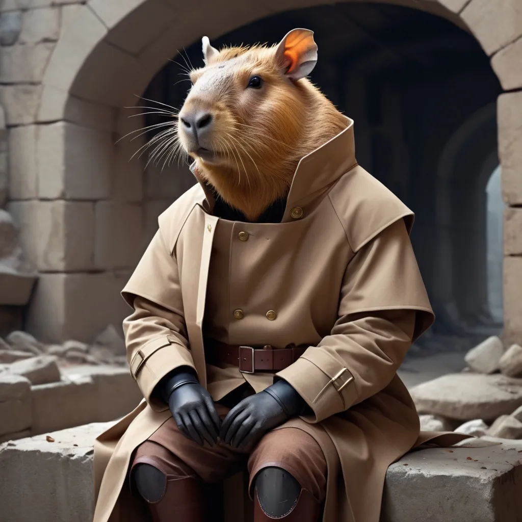 Prompt: ultra realistic capybara in trench coat illustration, beautiful Capybara humanoid in armor in typical clothing, sitting on ruins, intricate, elegant, highly detailed, digital painting, art station, concept art, sharp soft focus, illustration, 8k, art by Artgerm and Greg Rutkowski and alphonse muchacapy bara capybara