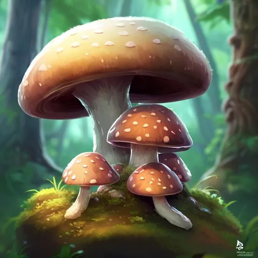 Prompt: digital illustration of a cute mushroom creature, thicc, sitting on a rock in a forest, | | epic - fine - clean, polished, trending on artstation, anime style, brush strokes