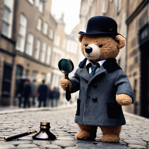 Prompt: a teddy bear dressed as Sherlock Holmes with a long wool coat and detective hat, holding a magnifying glass. he is surrounded by an old cobblestone city background.
Sherlock Holmes cosplay+mystery+ detective <mymodel> the dimensions should be 10.312” W x 3.875” H.