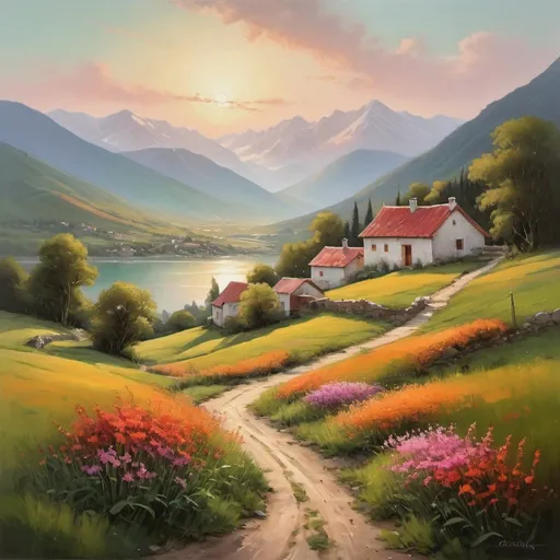 Prompt: An oil painting that captures the serenity and beauty of a natural landscape.

The painting depicts a wide valley bathed in the golden light of sunset. Warm colors blend with soft greens, creating a cozy and tranquil atmosphere. In the center of the composition, a river gently meanders, reflecting the sky tinged with orange and pink. In the distance, majestic mountains can be seen, their snow-capped peaks glowing under the last rays of the sun.

In the foreground, there is a field of wildflowers swaying in the breeze. Their vibrant petals contrast with the emerald green grass. Lush trees frame the scene, subtly moving.

On the horizon, a small village is visible, its houses with red roofs and whitewashed walls lining a winding path. Life in the village appears peaceful, with smoke lazily rising from chimneys, indicating the warmth of the homes.

Meticulous details of textures and shadows give the painting a sense of depth and realism. The light is masterfully captured, creating a feeling of peace.