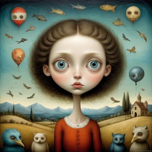 Prompt: strange animals, landscape with optical effect, expressive faces, sharp eyes, style trompe d'oeil, oil painting, painter, paintings by masters, museum, paintings and sculptures, visual delirium, dreamlike, style pop surrealism, modern art, vibrant colors, detailed, style Nicoletta Ceccoli, style Van gogh, style Alexander Jansson, style Picasso, Amazing and beautiful creation, characters and elements of the scenery entirely within the frame of the image, detailed realization, definition high quality, expressive faces, sharp eyes, style trompe d'oeil, surrealism, ambitious aestheticism, varied elements, iconoclast and numerous